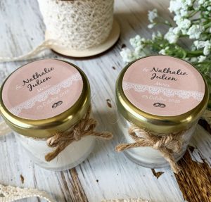 Bougies personnalisées mariage – cadeaux invités de mariage, baptême Kraft – Modèle Rond Couvercle 40ml